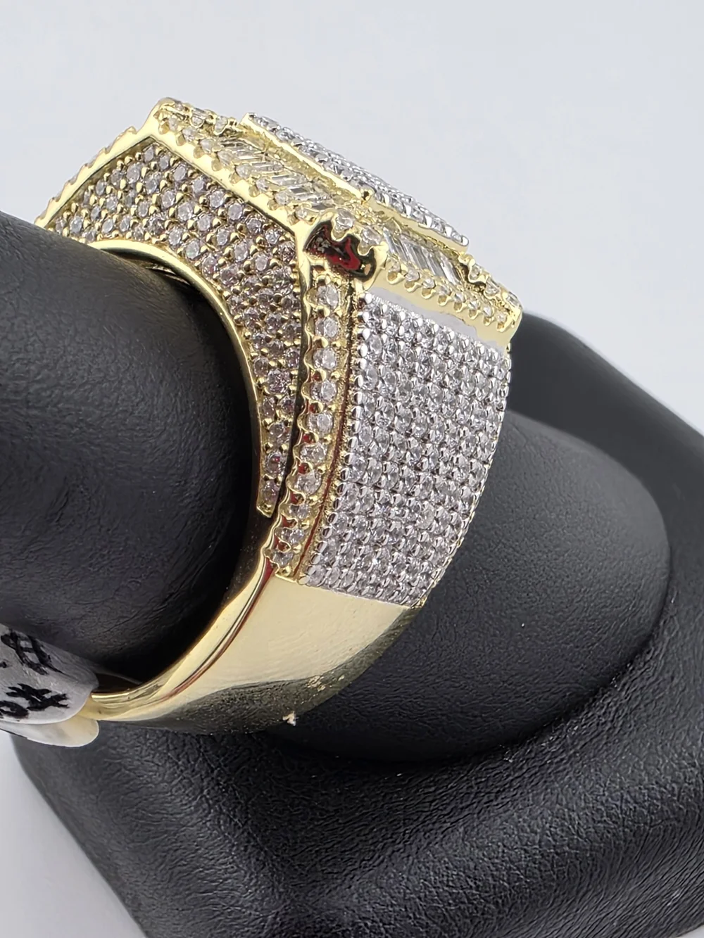 Sterling Silver 925 Gold-Tone Pave Square Statement Ring with Clear C.z Stones